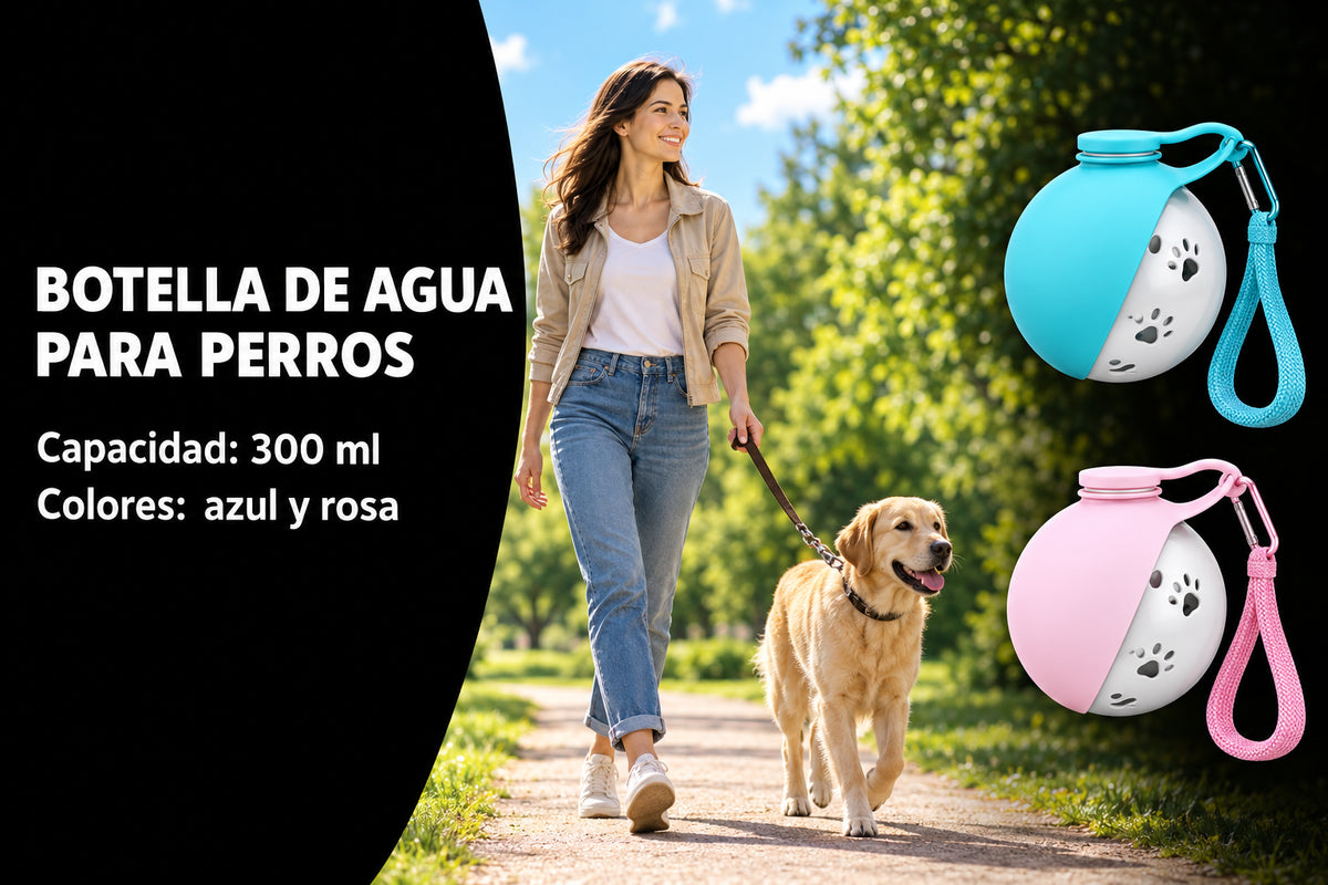 Botella de agua para perros en azul y rosa