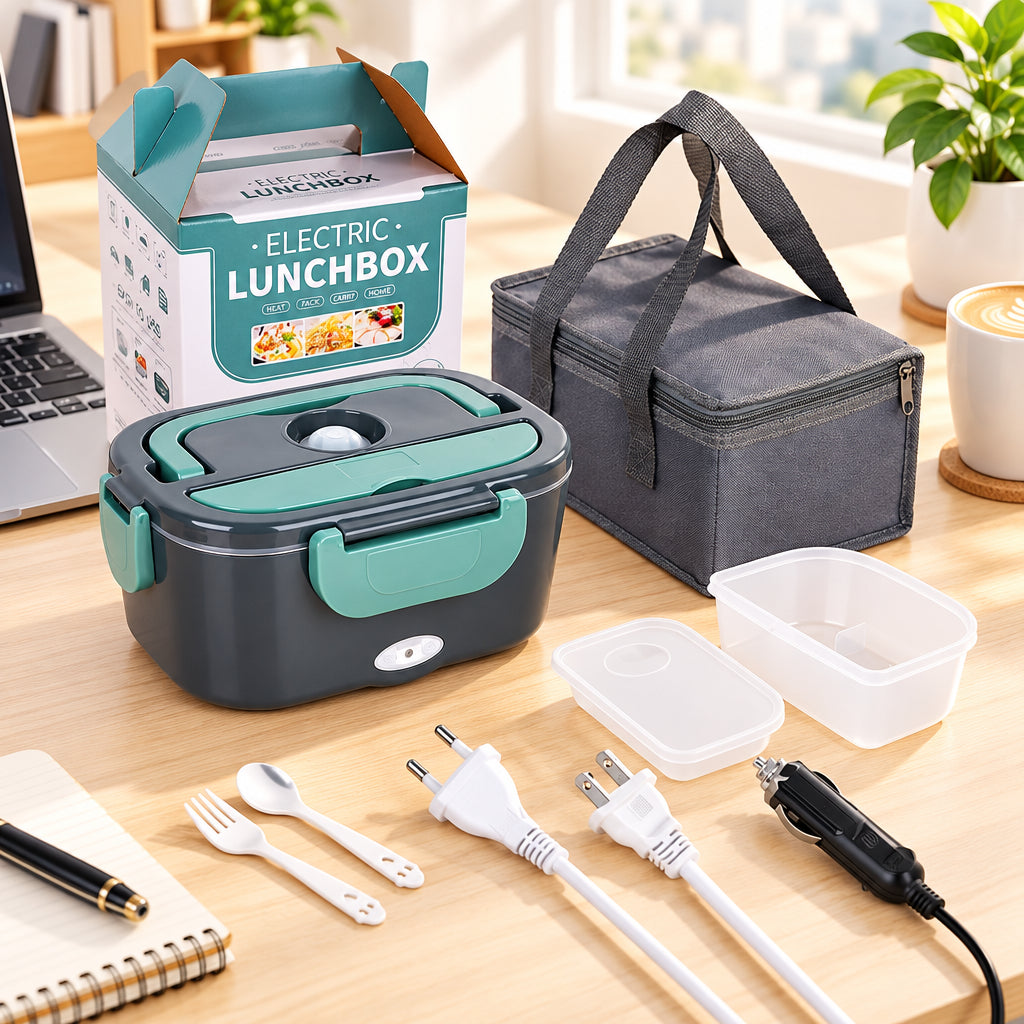 Fiambrera eléctrica verde con comida caliente sobre una mesa de oficina