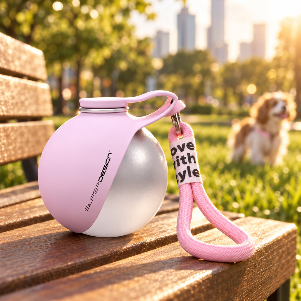 Botella de agua para perros con bebedero en un paseo