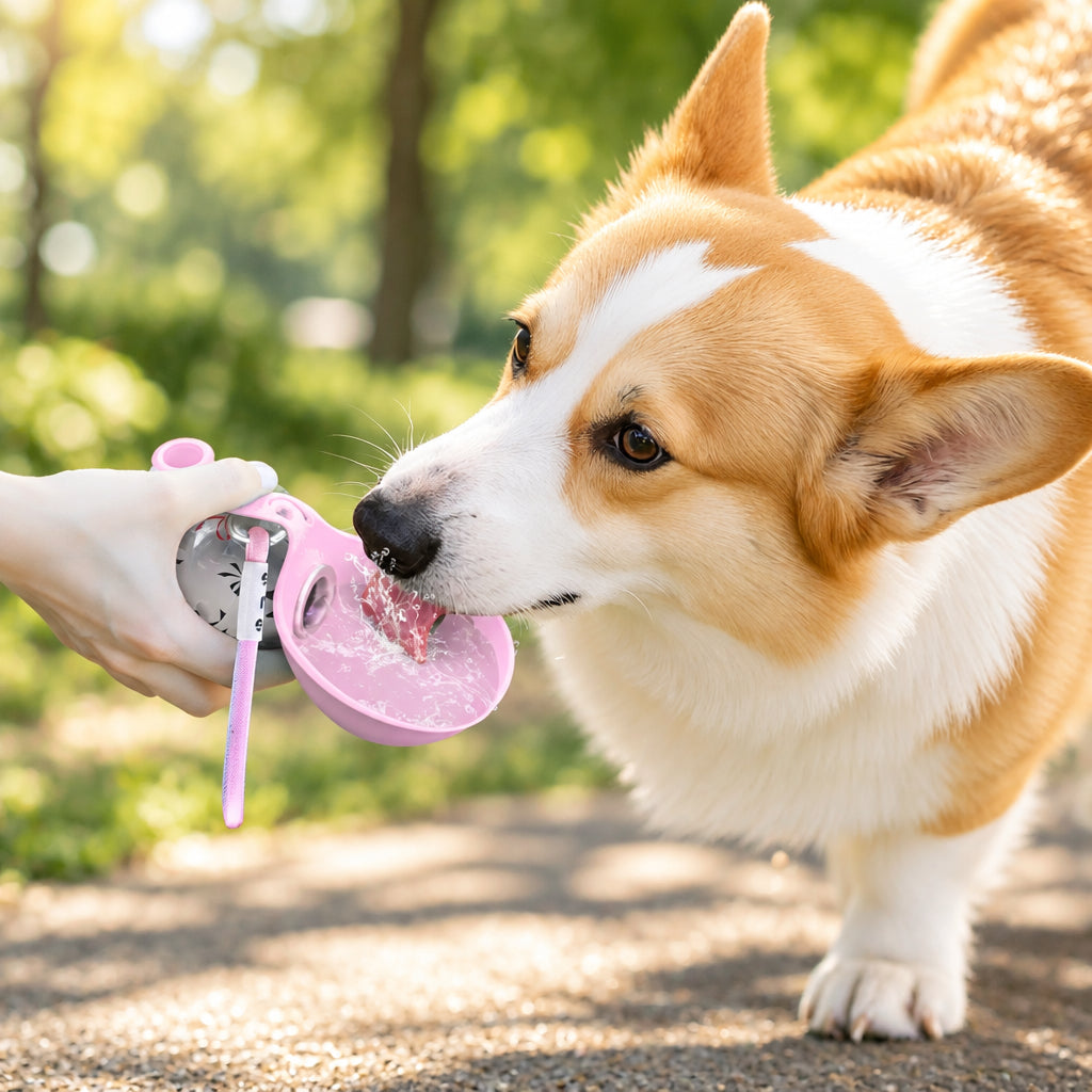 Perro bebiendo de la botella de agua en el paseo
