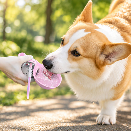 Perro bebiendo de la botella de agua en el paseo