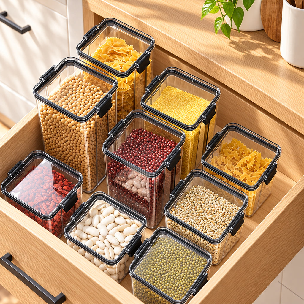Cajón de cocina ordenado con botes herméticos cuadrados