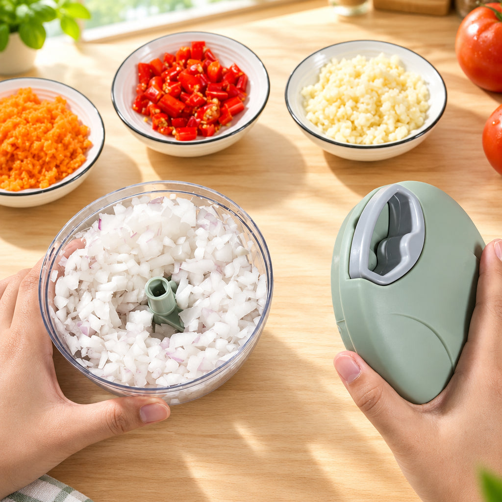 Picadora manual con verduras picadas