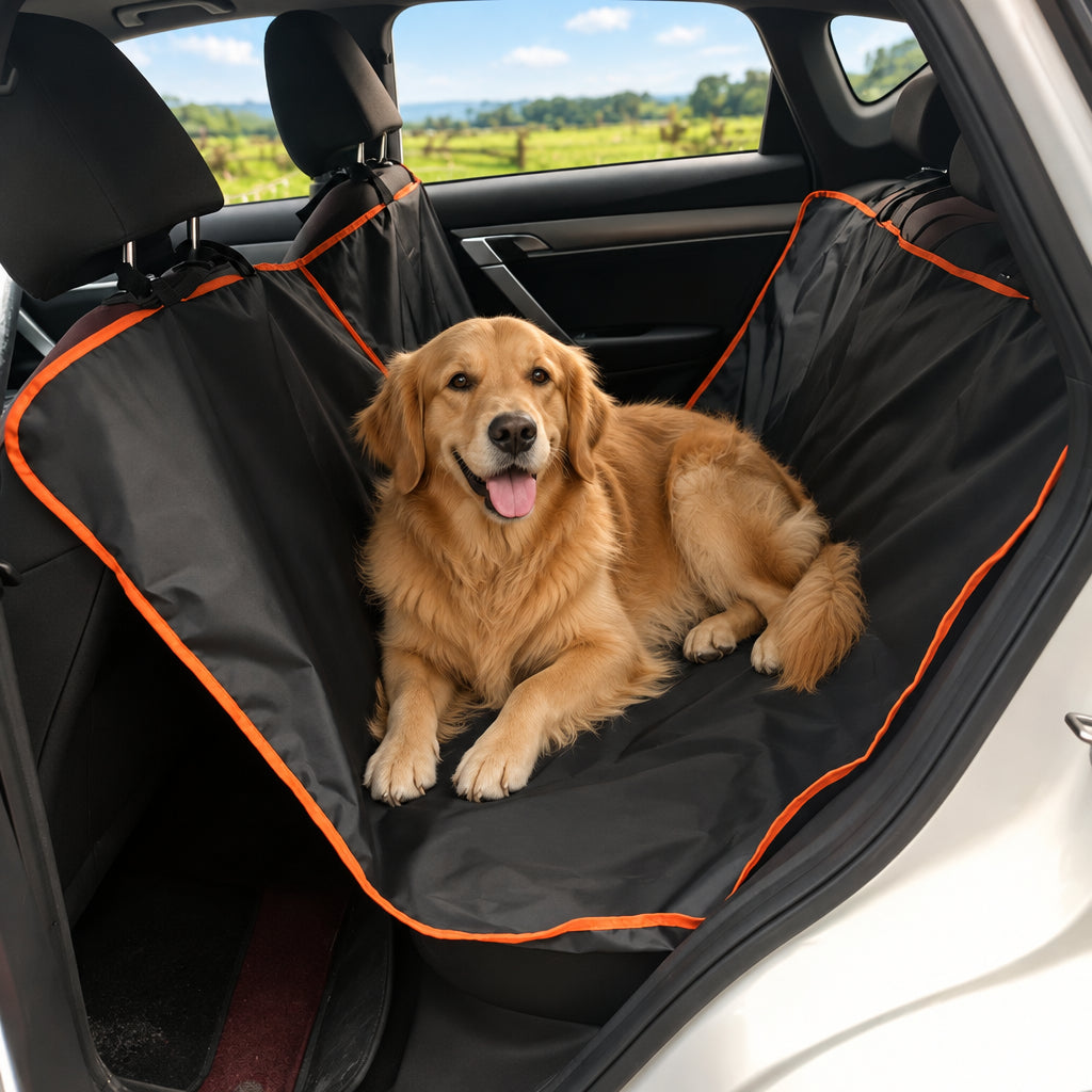 Perro tumbado sobre la funda de asiento de coche