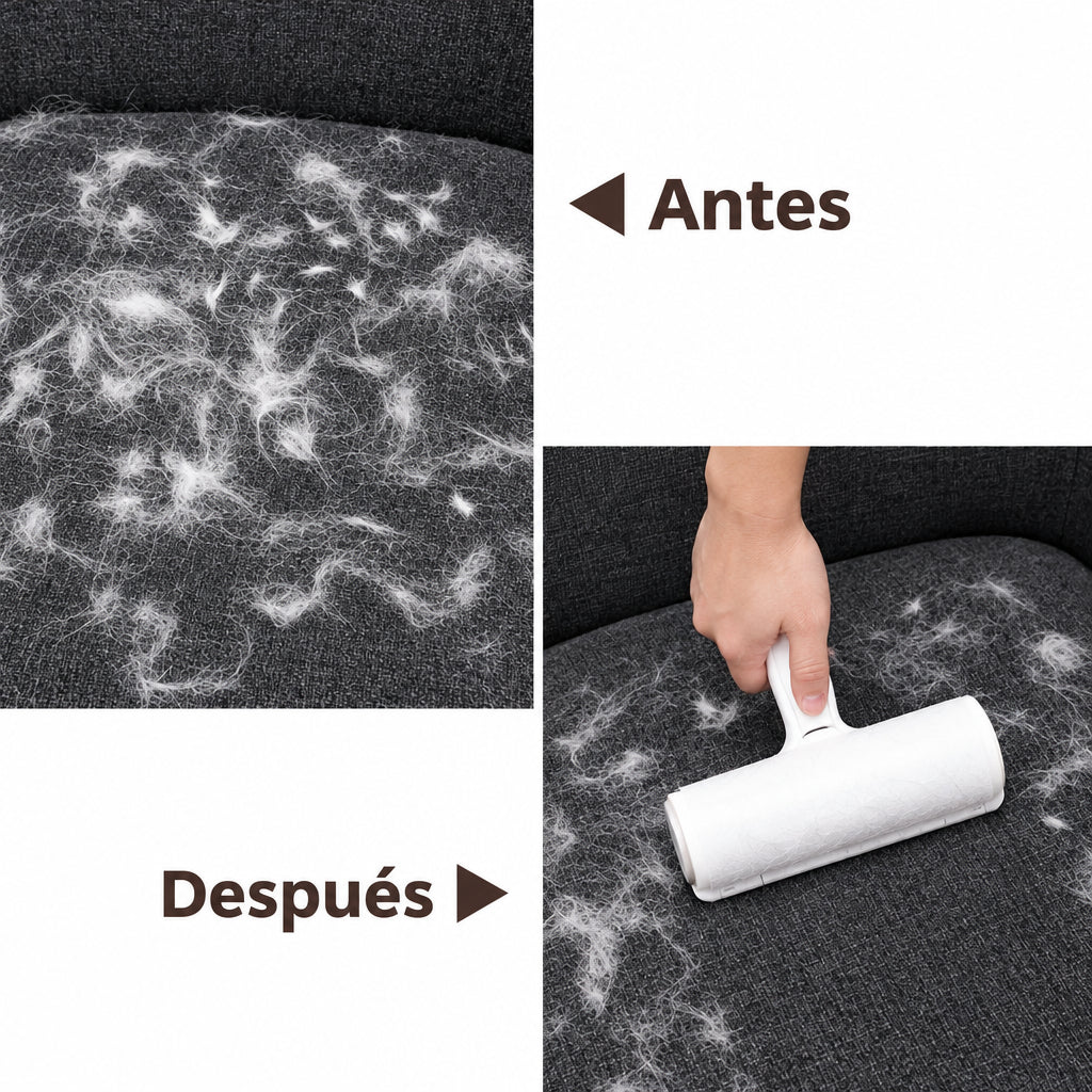 Antes y después de quitar pelos de mascota del sofá