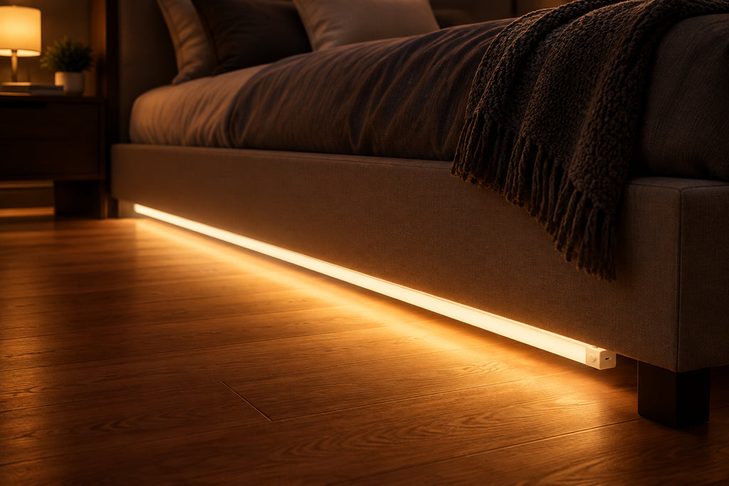Luz LED con sensor de movimiento bajo el somier de la cama, iluminando el suelo por la noche