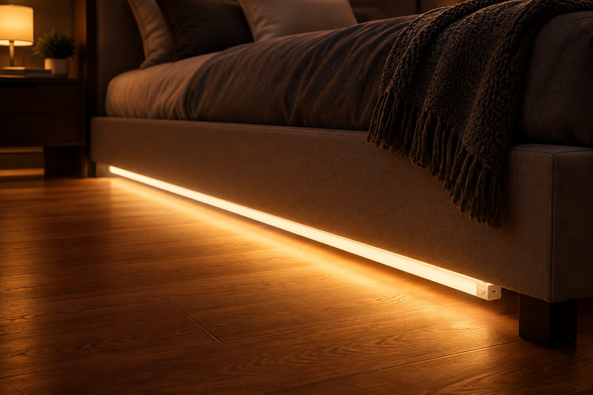 Luz LED con sensor de movimiento bajo el somier de la cama, iluminando el suelo por la noche