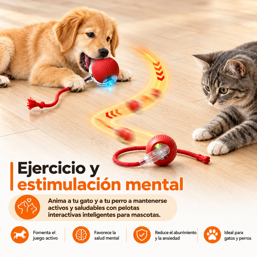 Perro y gato jugando con la pelota interactiva
