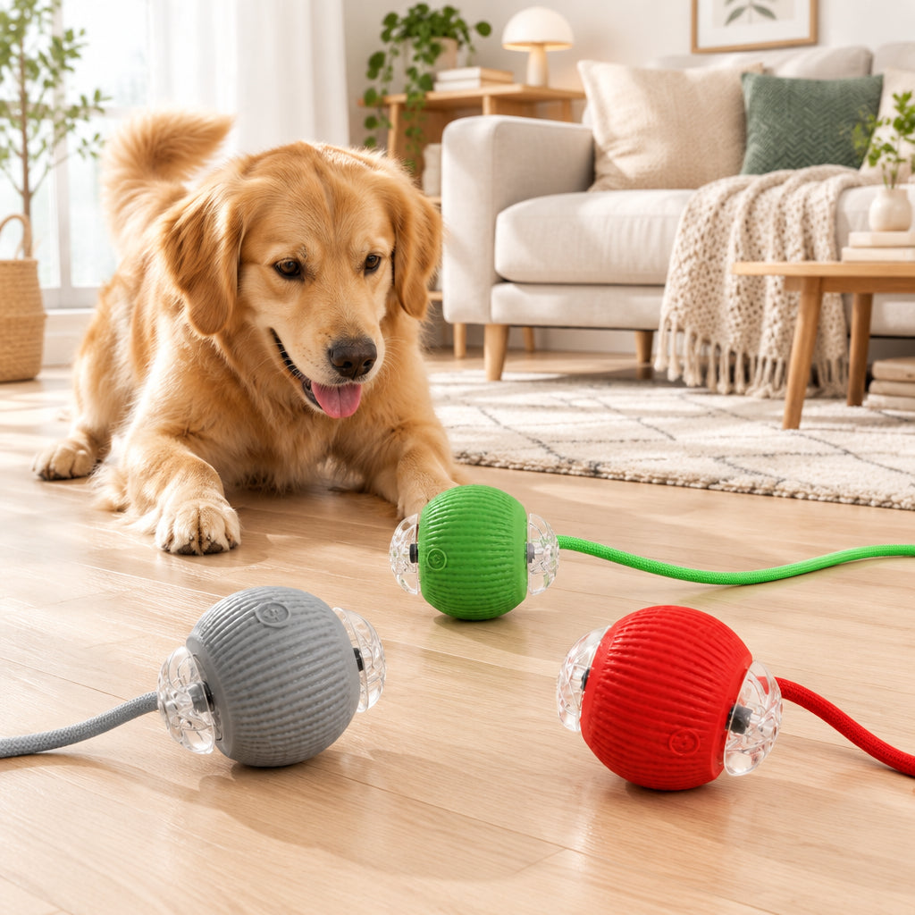Pelota interactiva automática para perros en un salón moderno