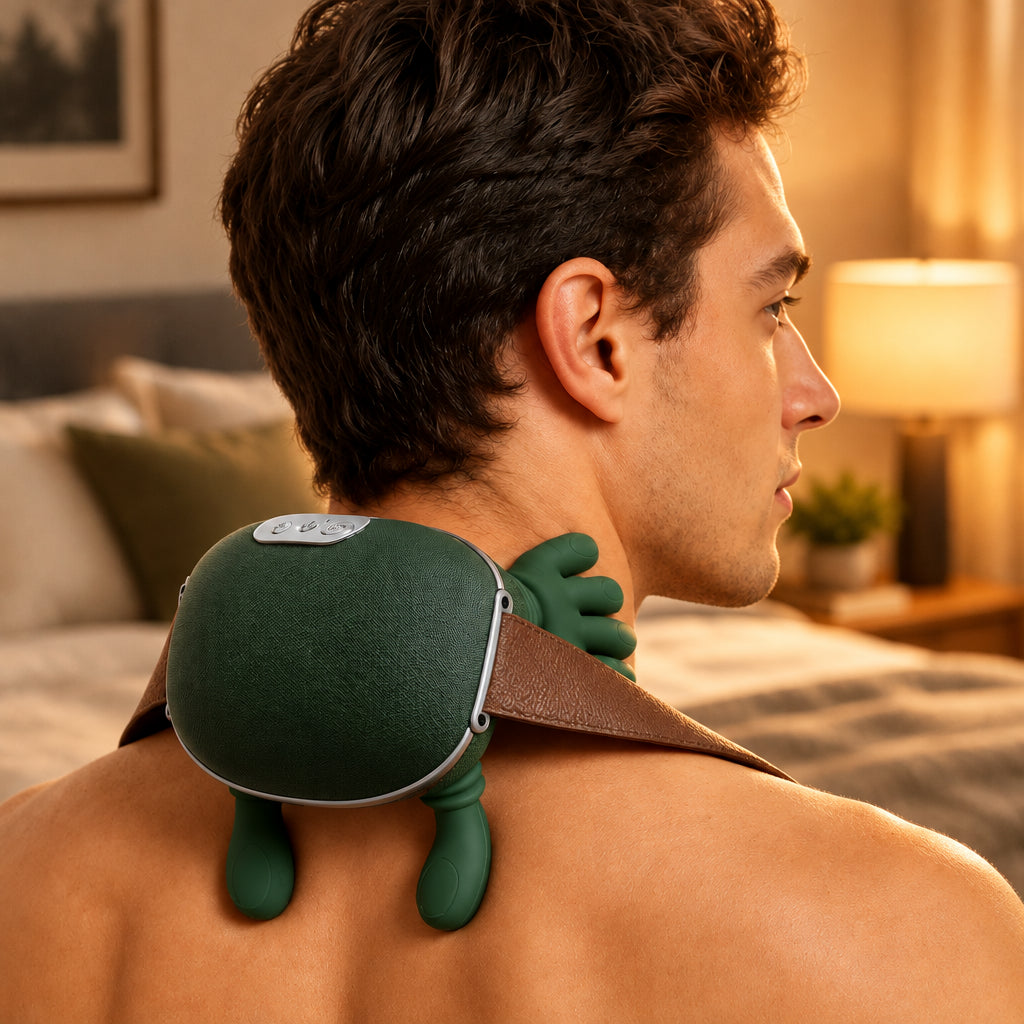 Hombre usando el masajeador de cuello en el dormitorio