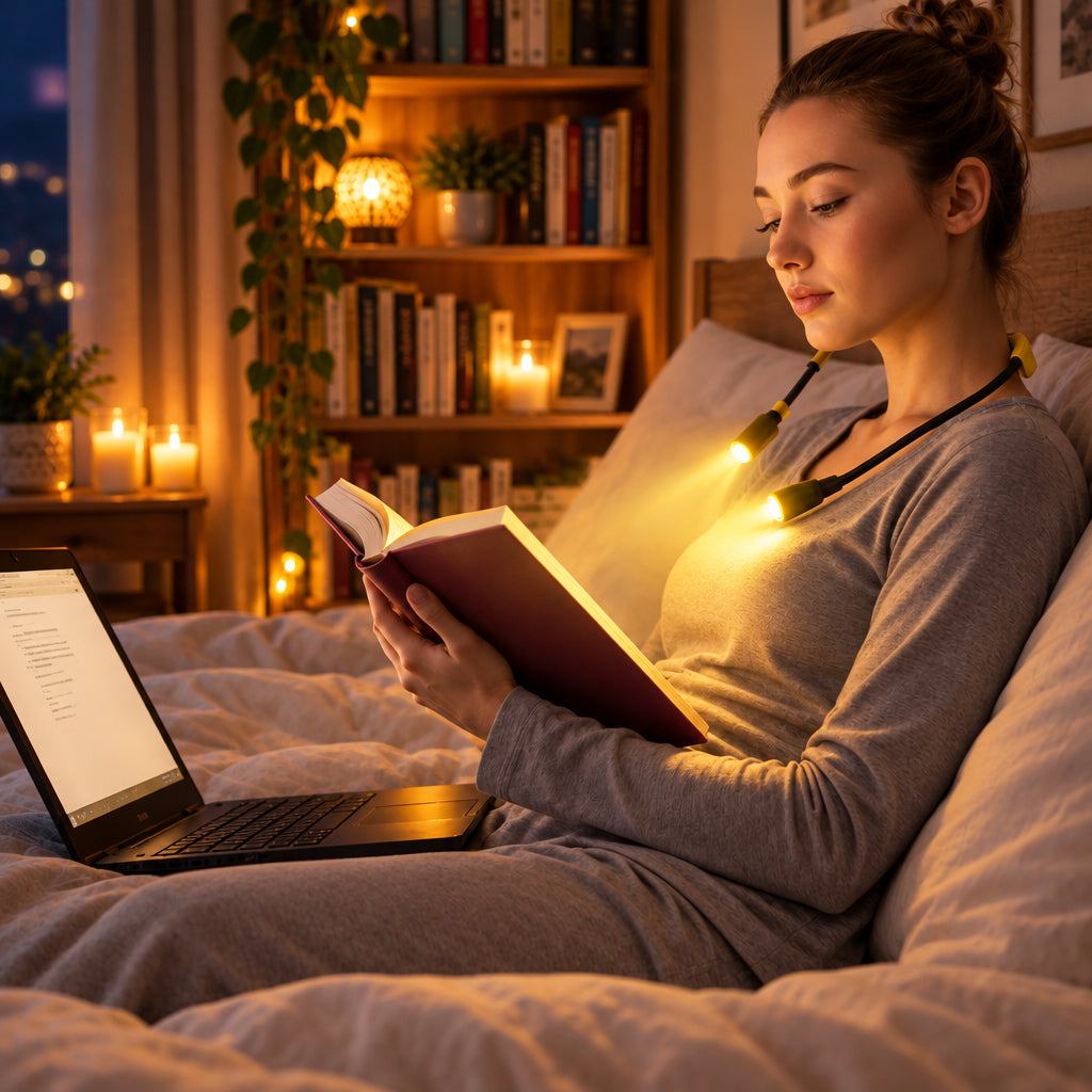 Mujer leyendo en la cama con la lámpara de lectura de cuello