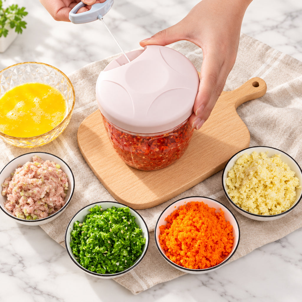 Picadora manual con ingredientes preparados