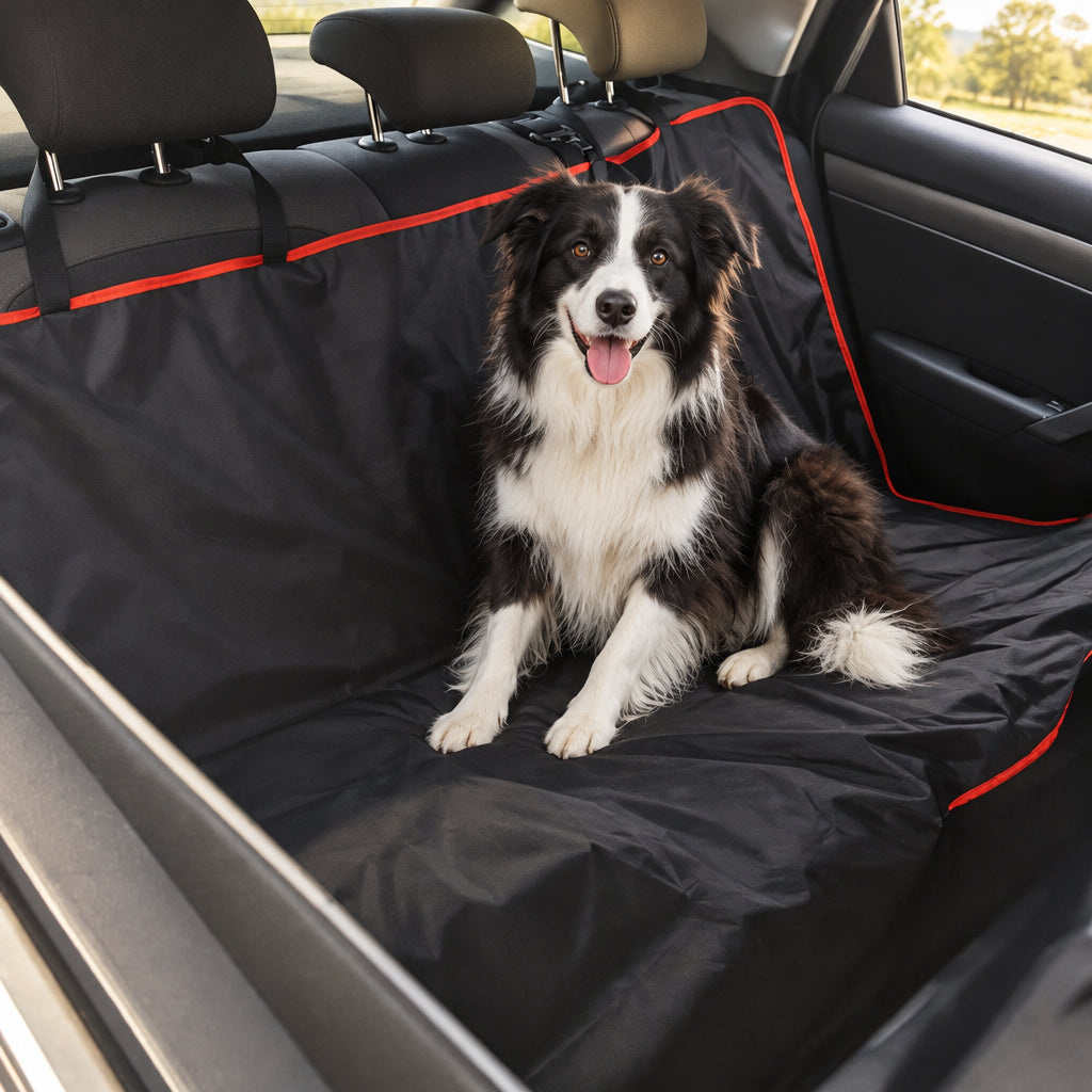 Border collie sentado en la funda de asiento trasero