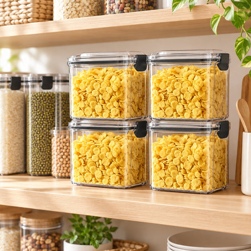 Botes herméticos apilables con pasta, arroz y legumbres en una cocina moderna