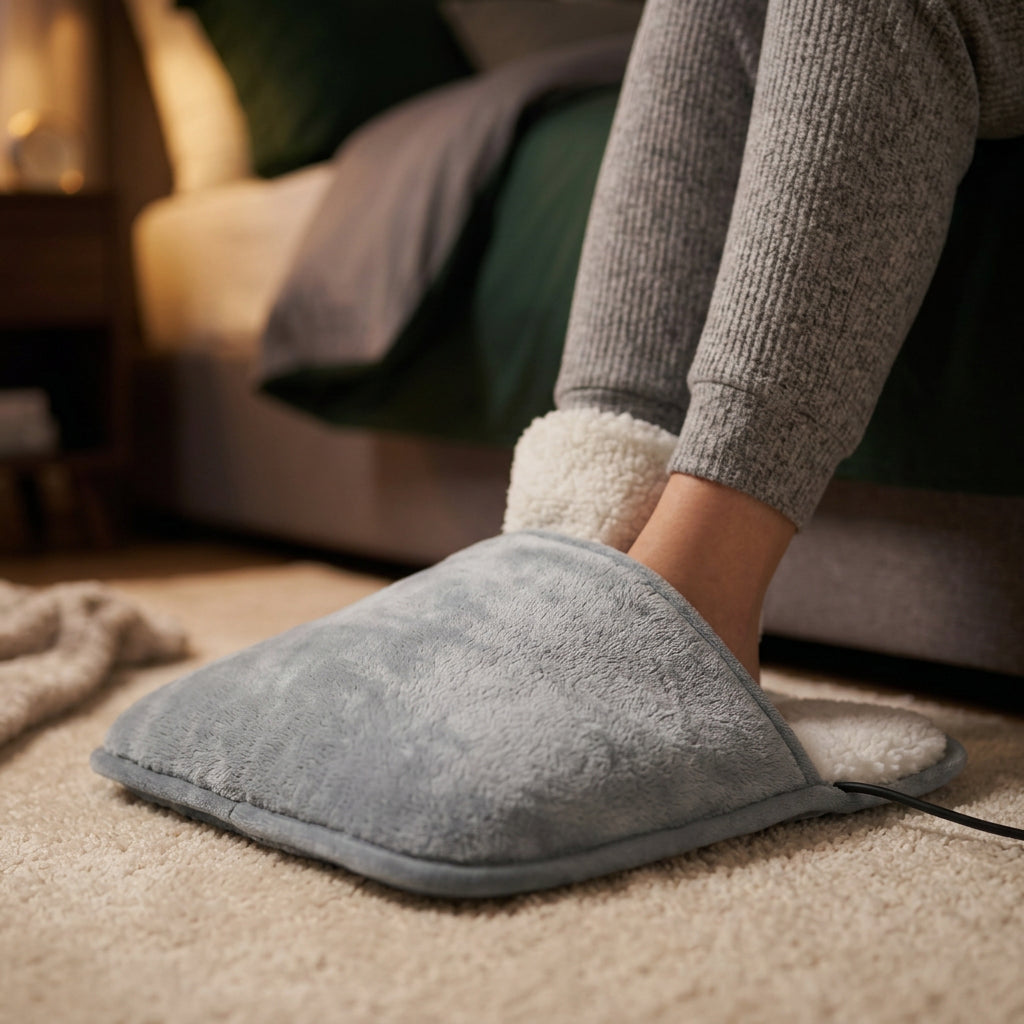 Alfombrilla térmica para los pies junto a la cama en el dormitorio
